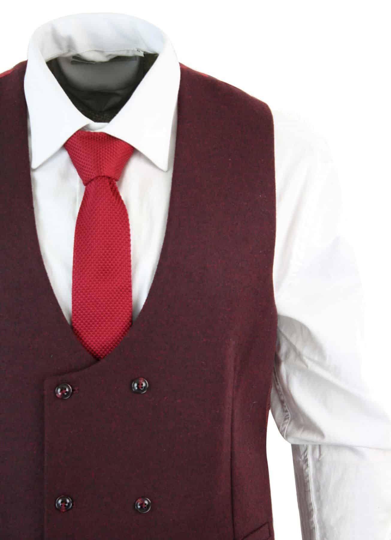 Vyriška dvieilė veltinio tvido liemenė su retro stiliaus raštu, plona kirpimo, „Herringbone“ rašto, „Melton“ rašto, DBC vyno spalvos