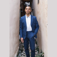 Mario - vyriškas dviejų dalių vasarinis kostiumas, mėlynas, biuro, vestuvinis, klasikinis, itališkas