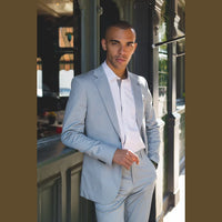 Mario - vyriškas dviejų dalių vasarinis kostiumas, šviesiai mėlynas, vestuvinis, klasikinis, itališkas