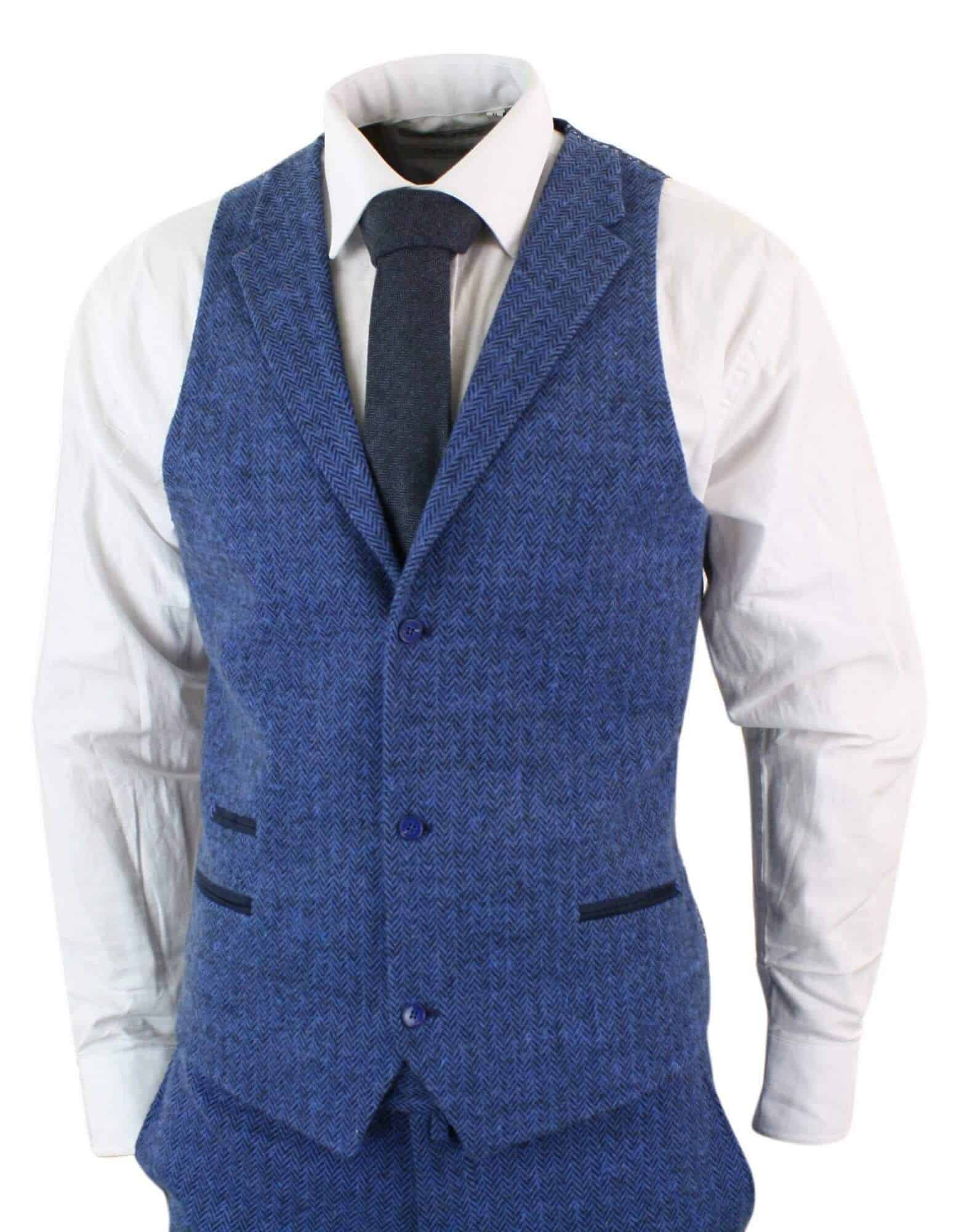 Vyriškas mėlynas trijų dalių tvito kostiumas su silkės kaulo raštu - STZ11