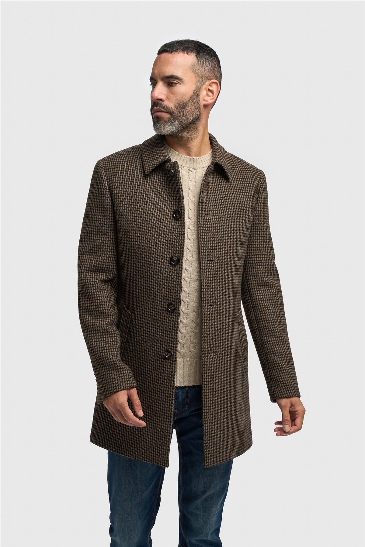 Vyriškas rudas vilnos mišinio „Houndstooth“ tvido paltas