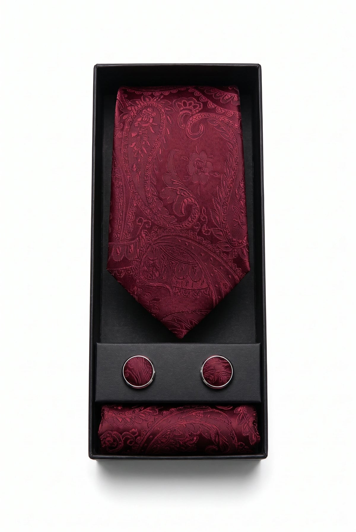Vyriškas bordo spalvos Paisley rašto kaklaraiščio dovanų rinkinys