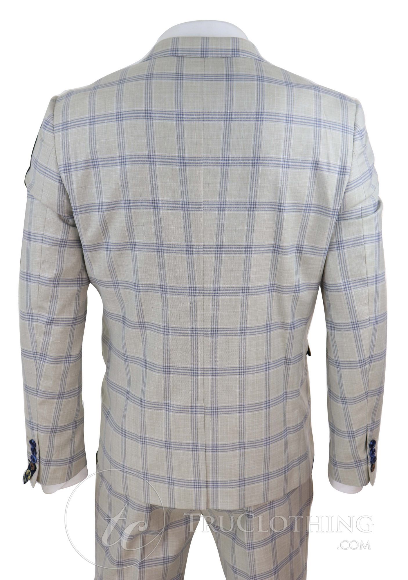 Vyriškas kreminės mėlynos spalvos languotas vestuvinis kostiumas