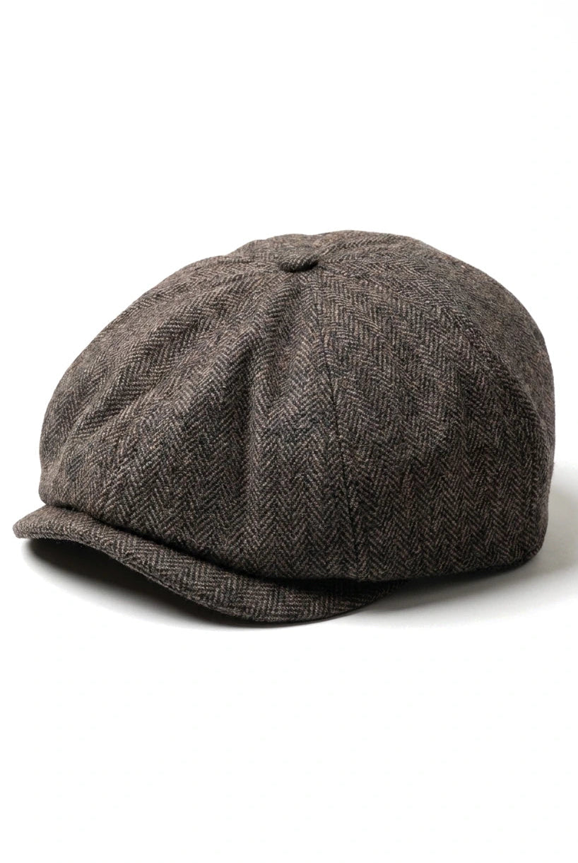 Vyriška klasikinė plokščia kepuraitė su „Herringbone“ raštu „Newsboy“ – ruda