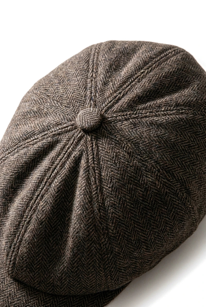 Vyriška klasikinė plokščia kepuraitė su „Herringbone“ raštu „Newsboy“ – ruda