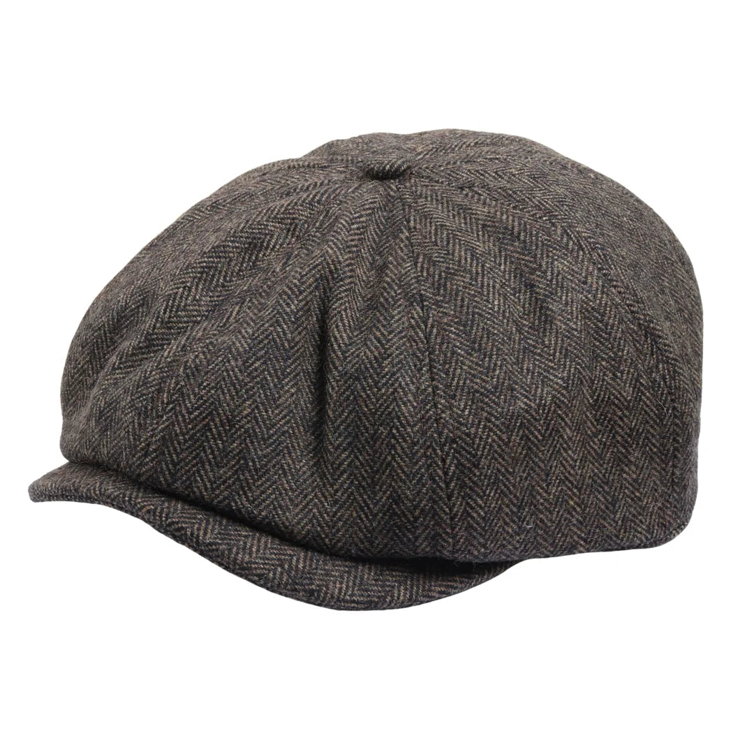 Vyriška klasikinė plokščia kepuraitė su „Herringbone“ raštu „Newsboy“ – ruda