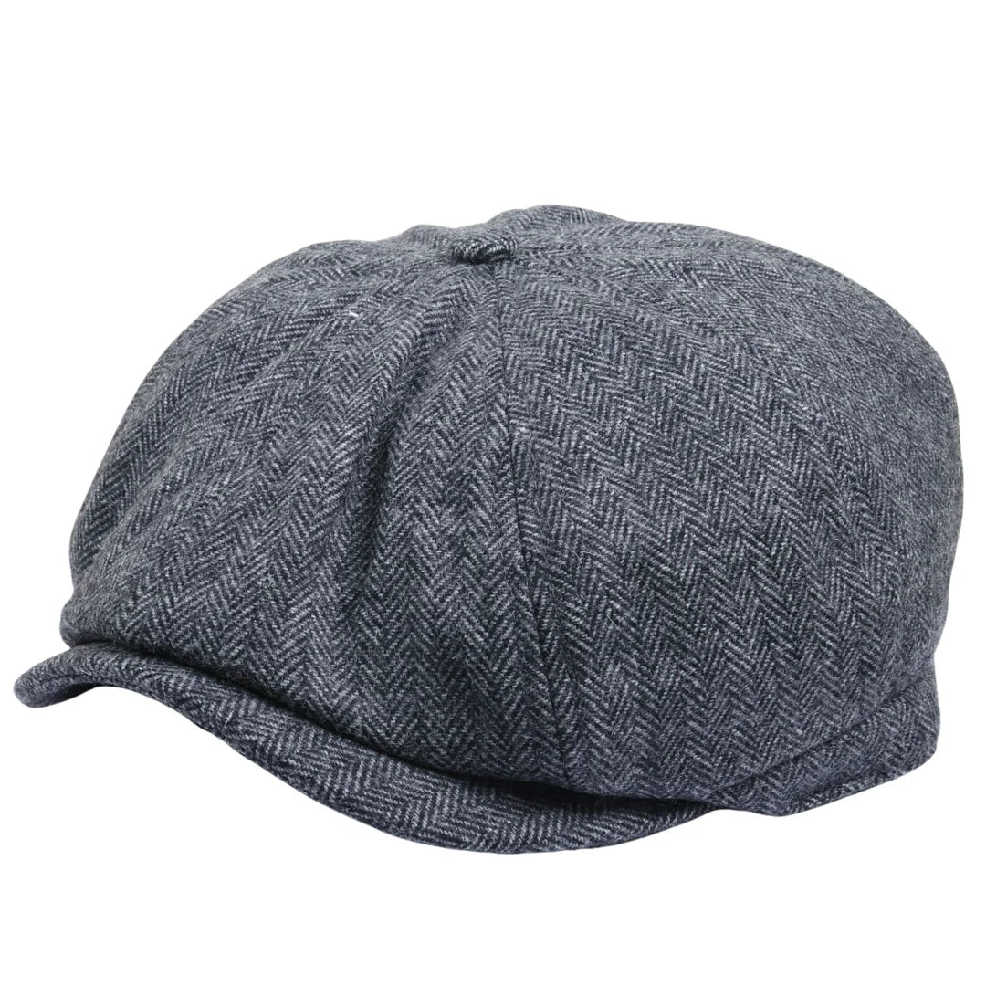 Vyriška klasikinė plokščia kepuraitė su „Herringbone“ raštu „Newsboy“ – pilka