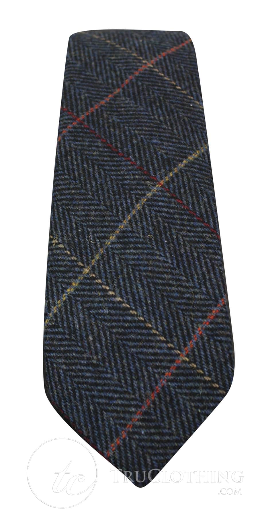 Vyriški tvido kaklaraiščiai su silkės kaulo raštu, Marc Darcy, klasikiniai, vintažiniai, retro stiliaus, tamsiai mėlyni, Eton