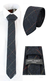 Vyriški tvido kaklaraiščiai su silkės kaulo raštu, Marc Darcy, klasikiniai, vintažiniai, retro stiliaus, tamsiai mėlyni, Eton