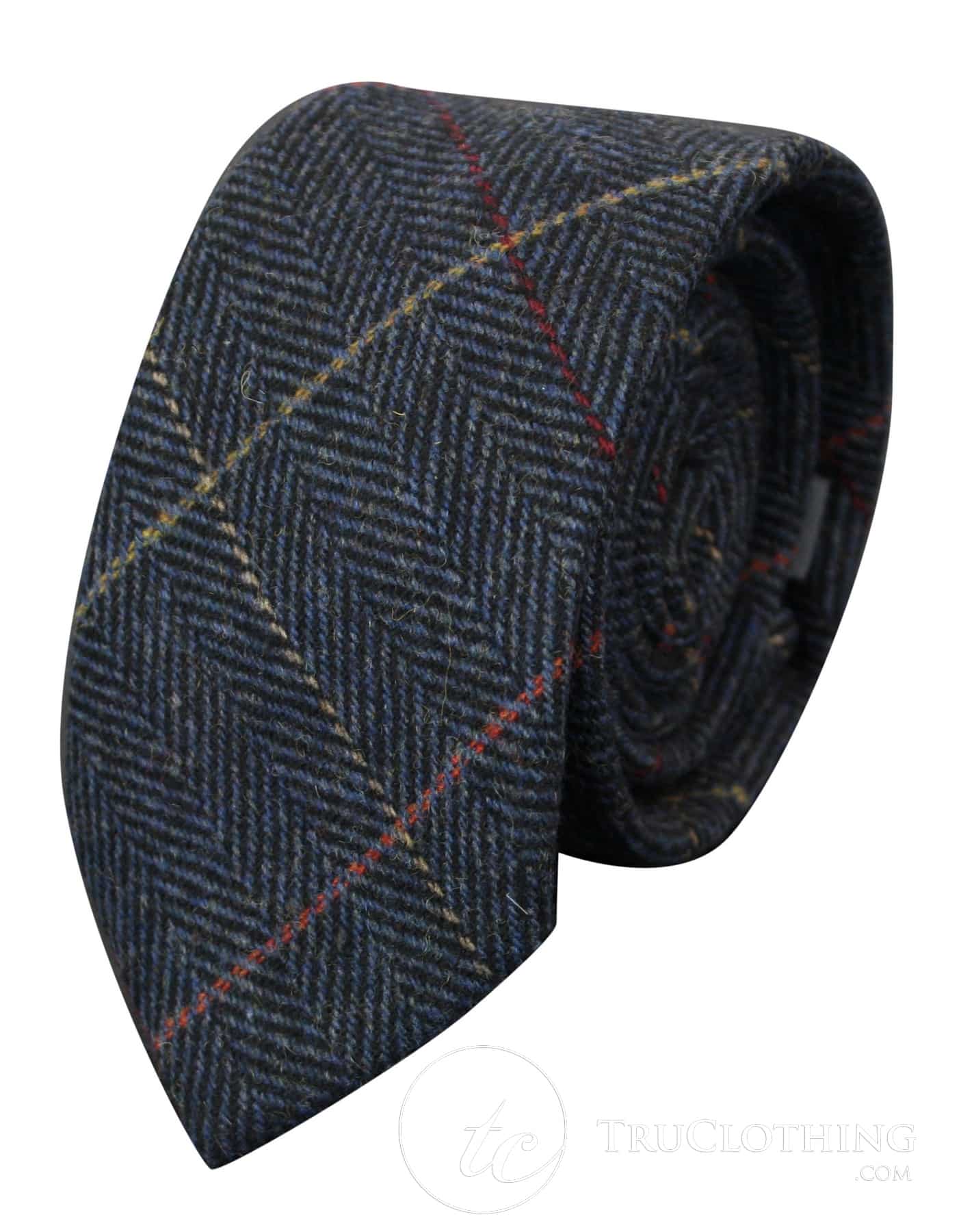 Vyriški tvido kaklaraiščiai su silkės kaulo raštu, Marc Darcy, klasikiniai, vintažiniai, retro stiliaus, tamsiai mėlyni, Eton