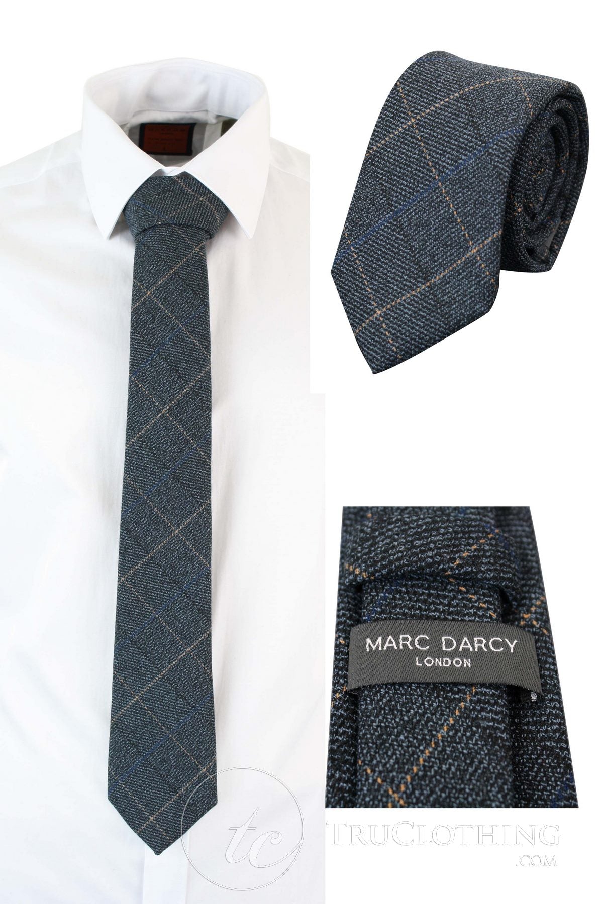 Vyriški tvido kaklaraiščiai su silkės kaulo raštu, Marc Darcy klasikiniai, vintažiniai, retro stiliaus, mėlyni