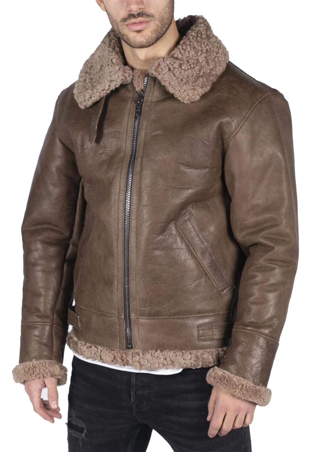 Vyriškas natūralus avikailis B3 Flying Aviator Vintage Brown Teddy Bear Fur