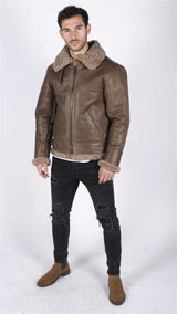 Vyriškas natūralus avikailis B3 Flying Aviator Vintage Brown Teddy Bear Fur