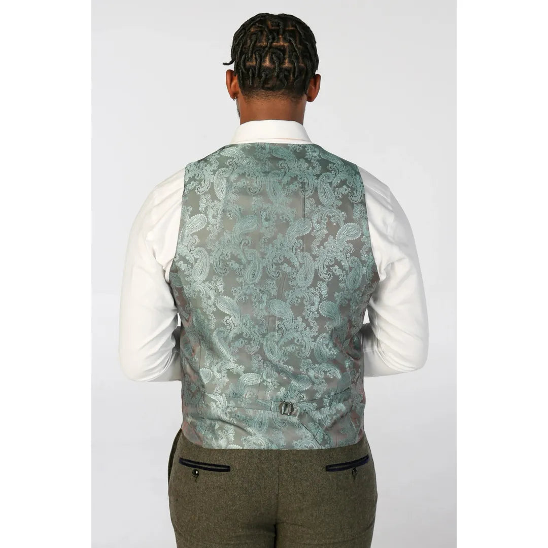 „Oscar“ – vyriškas trijų dalių alyvuogių žalios spalvos vilnos mišinio tvido kostiumas