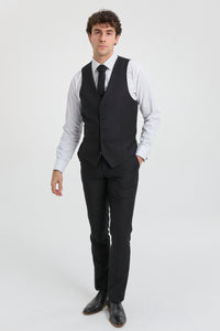 Paul Andrew Parker - vyriškas trijų dalių juodas, priglundantis, pilnas kostiumas, klasikinis, skirtas durų langams, gedulo laidotuvėms