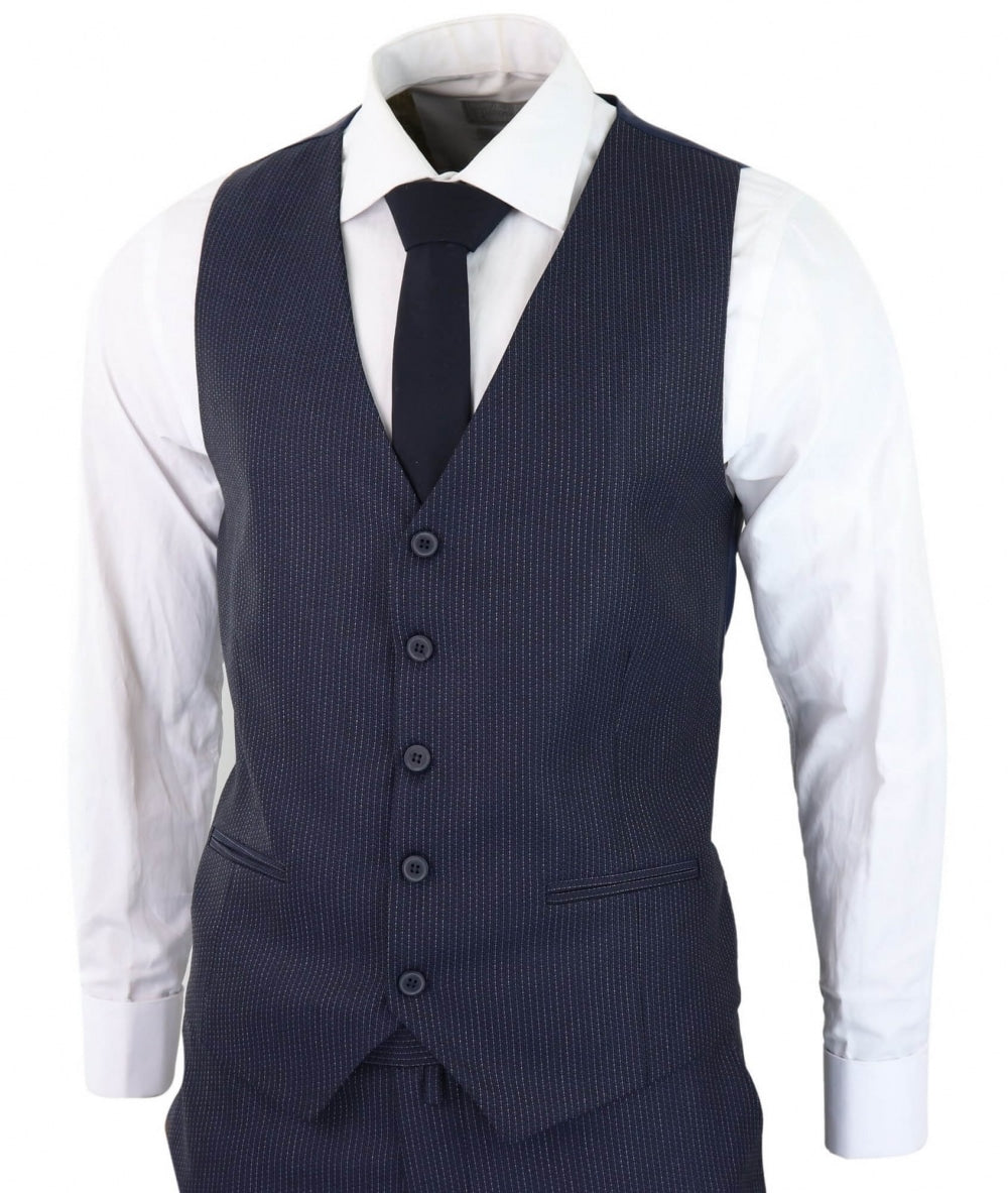 Tamsiai mėlynas dryžuotas trijų dalių kostiumas - RC20-31