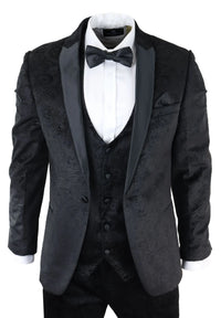 Vyriškas Marc Darcy Velvet Paisley juodos spalvos trijų dalių kostiumas, smokingas, vakarinė striukė, vestuvinis