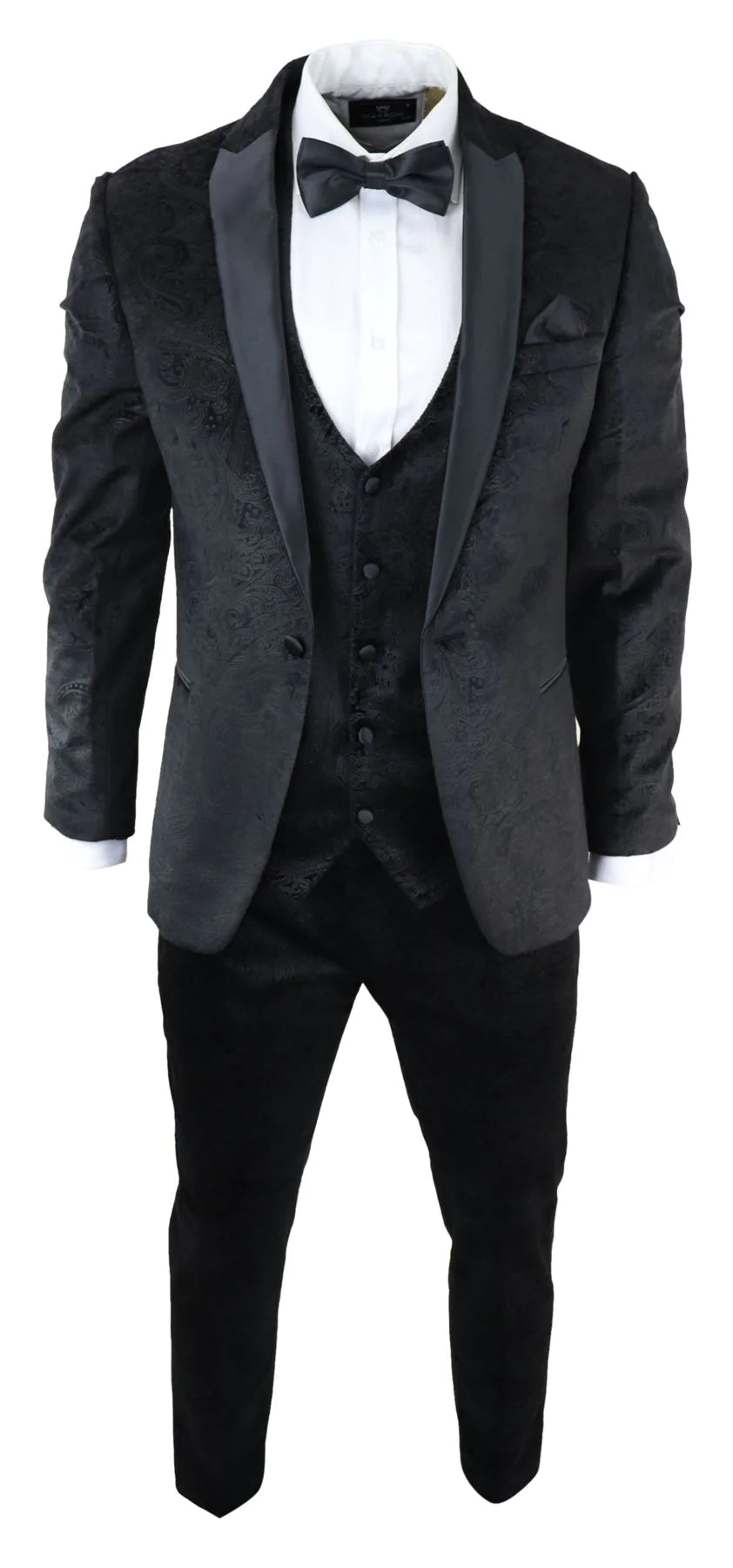 Vyriškas Marc Darcy Velvet Paisley juodos spalvos trijų dalių kostiumas, smokingas, vakarinė striukė, vestuvinis