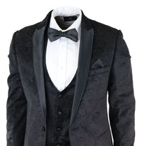 Vyriškas Marc Darcy Velvet Paisley juodos spalvos trijų dalių kostiumas, smokingas, vakarinė striukė, vestuvinis