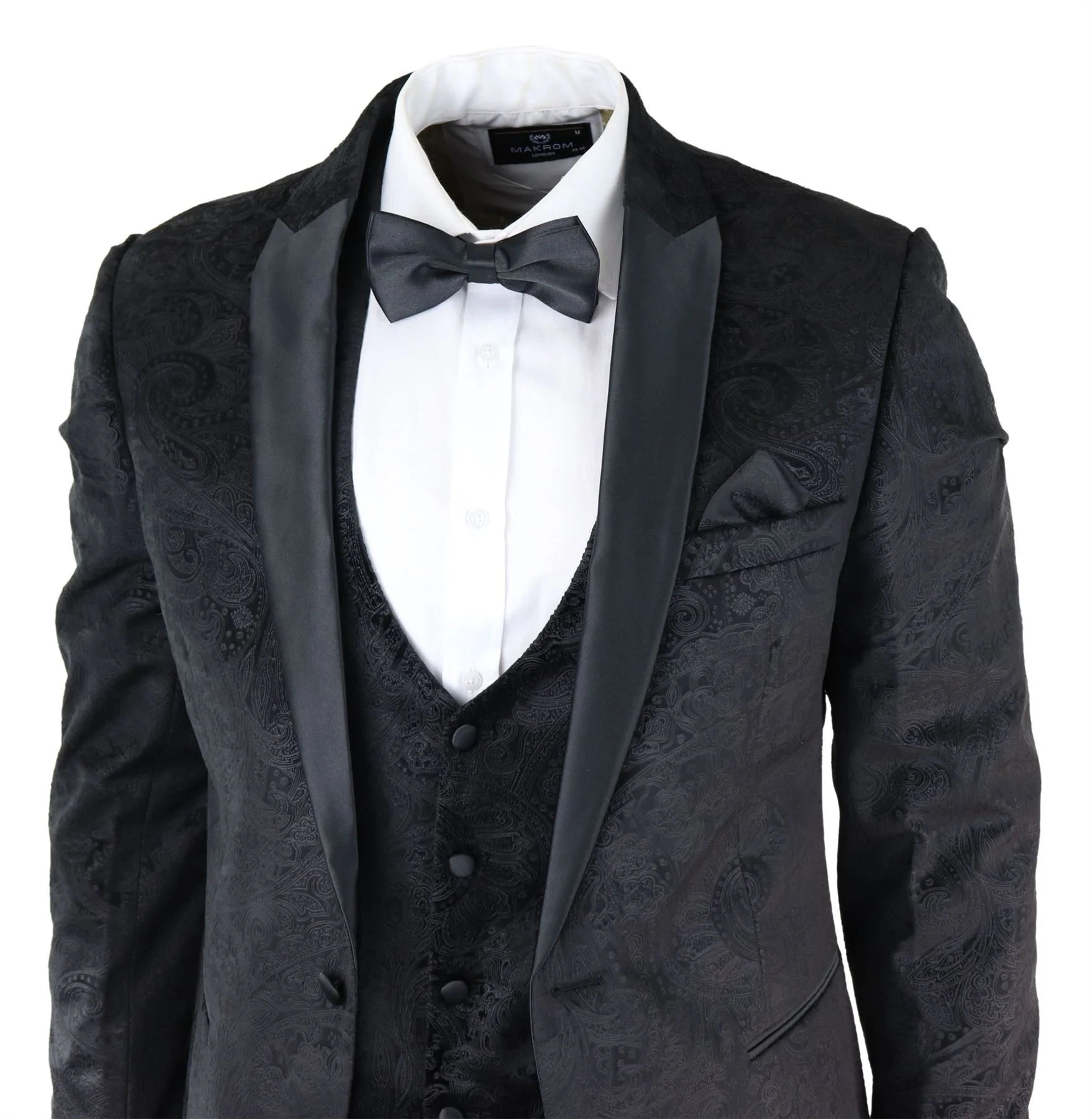Vyriškas Marc Darcy Velvet Paisley juodos spalvos trijų dalių kostiumas, smokingas, vakarinė striukė, vestuvinis
