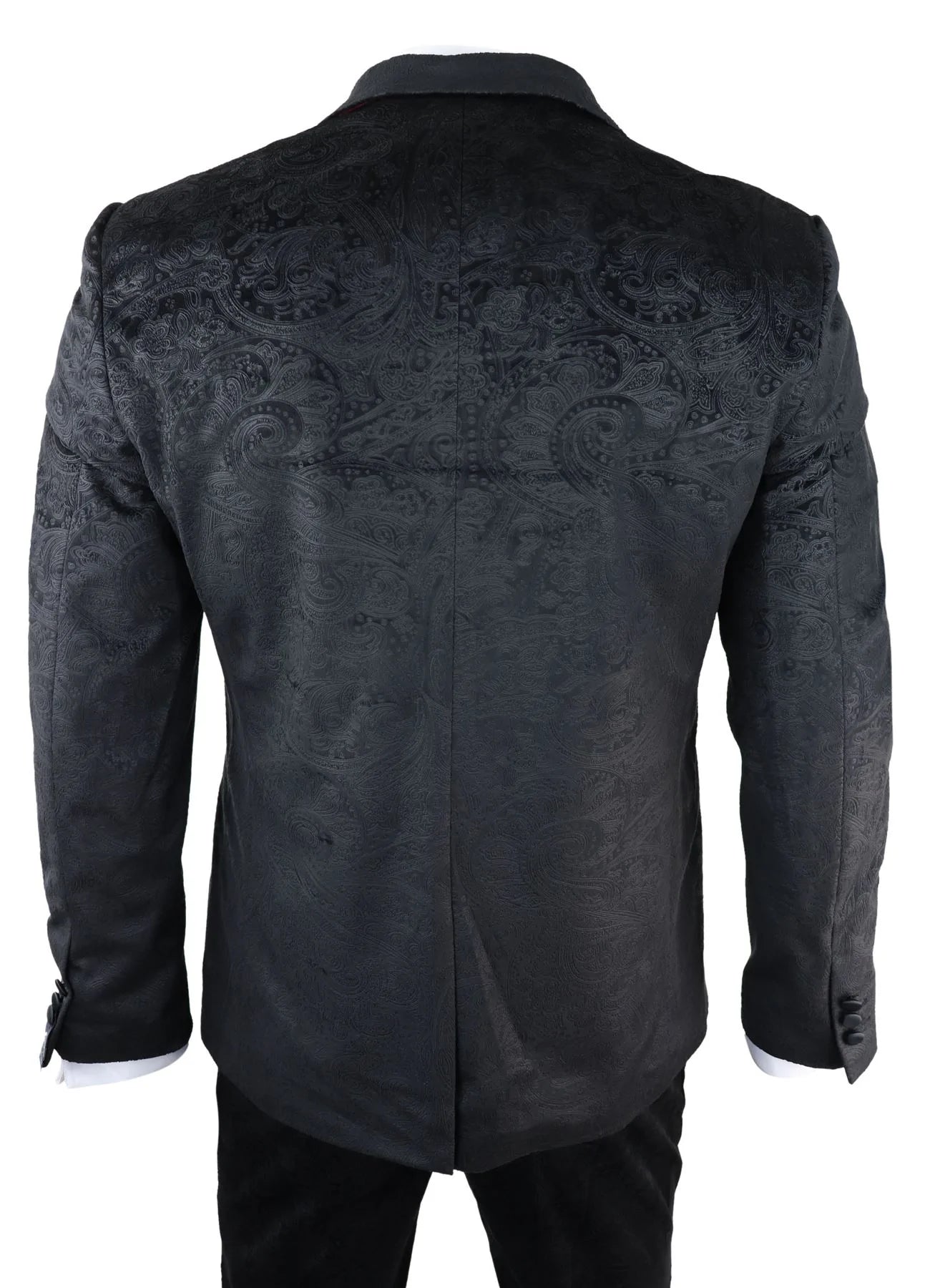 Vyriškas Marc Darcy Velvet Paisley juodos spalvos trijų dalių kostiumas, smokingas, vakarinė striukė, vestuvinis