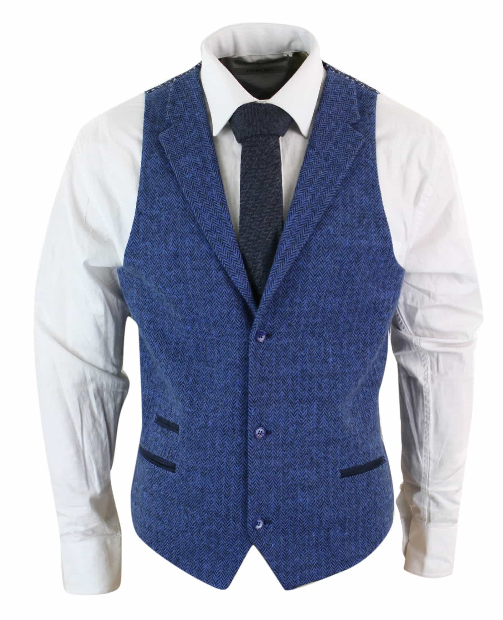 Vyriška mėlyna tvido liemenė su silkės kaulo spalvos vilna, „Peaky Blinders“ užtrauktuku, vintažinė, retro stiliaus