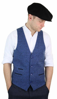 Vyriška mėlyna tvido liemenė su silkės kaulo spalvos vilna, „Peaky Blinders“ užtrauktuku, vintažinė, retro stiliaus