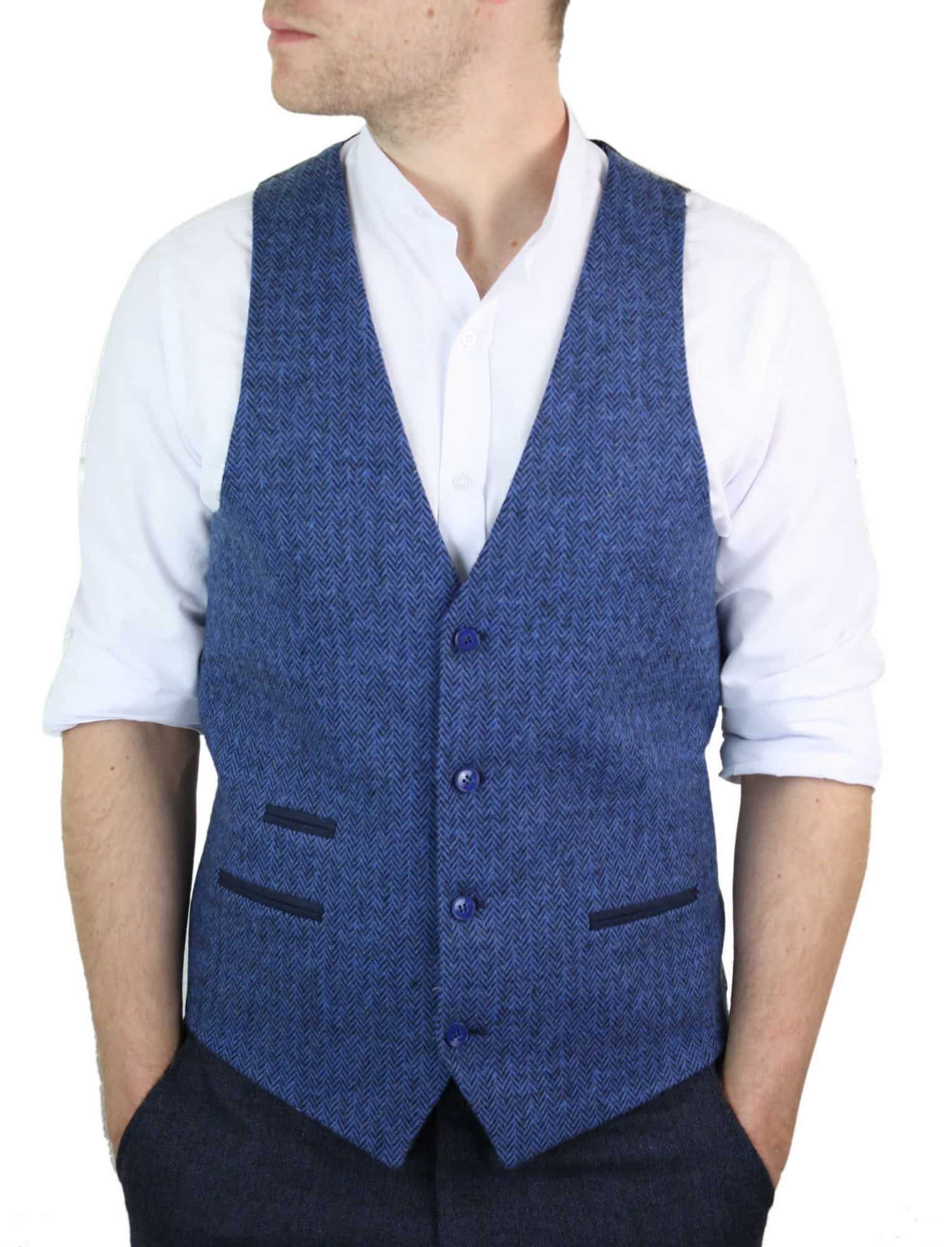 Vyriška mėlyna tvido liemenė su silkės kaulo spalvos vilna, „Peaky Blinders“ užtrauktuku, vintažinė, retro stiliaus