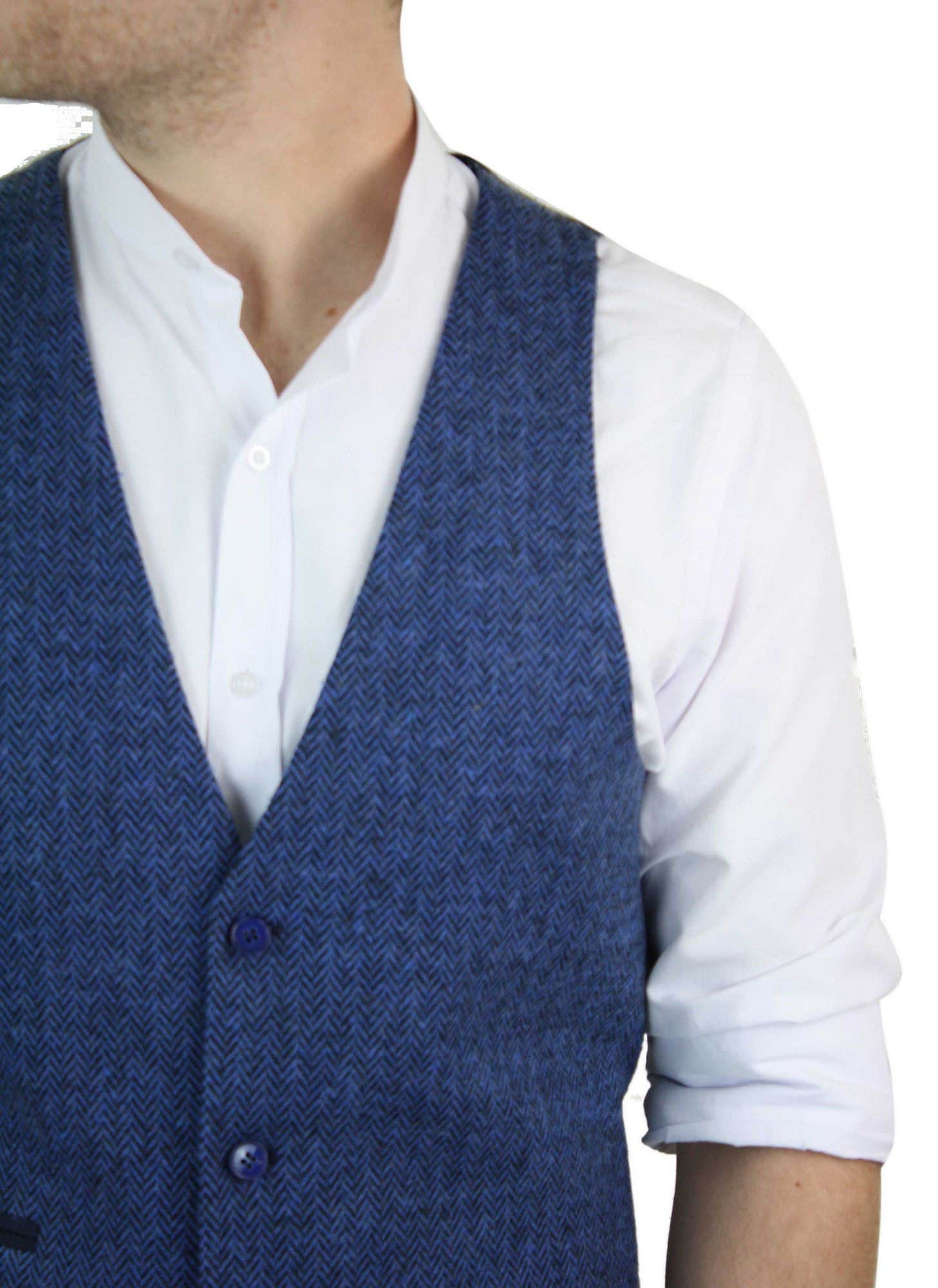 Vyriška mėlyna tvido liemenė su silkės kaulo spalvos vilna, „Peaky Blinders“ užtrauktuku, vintažinė, retro stiliaus