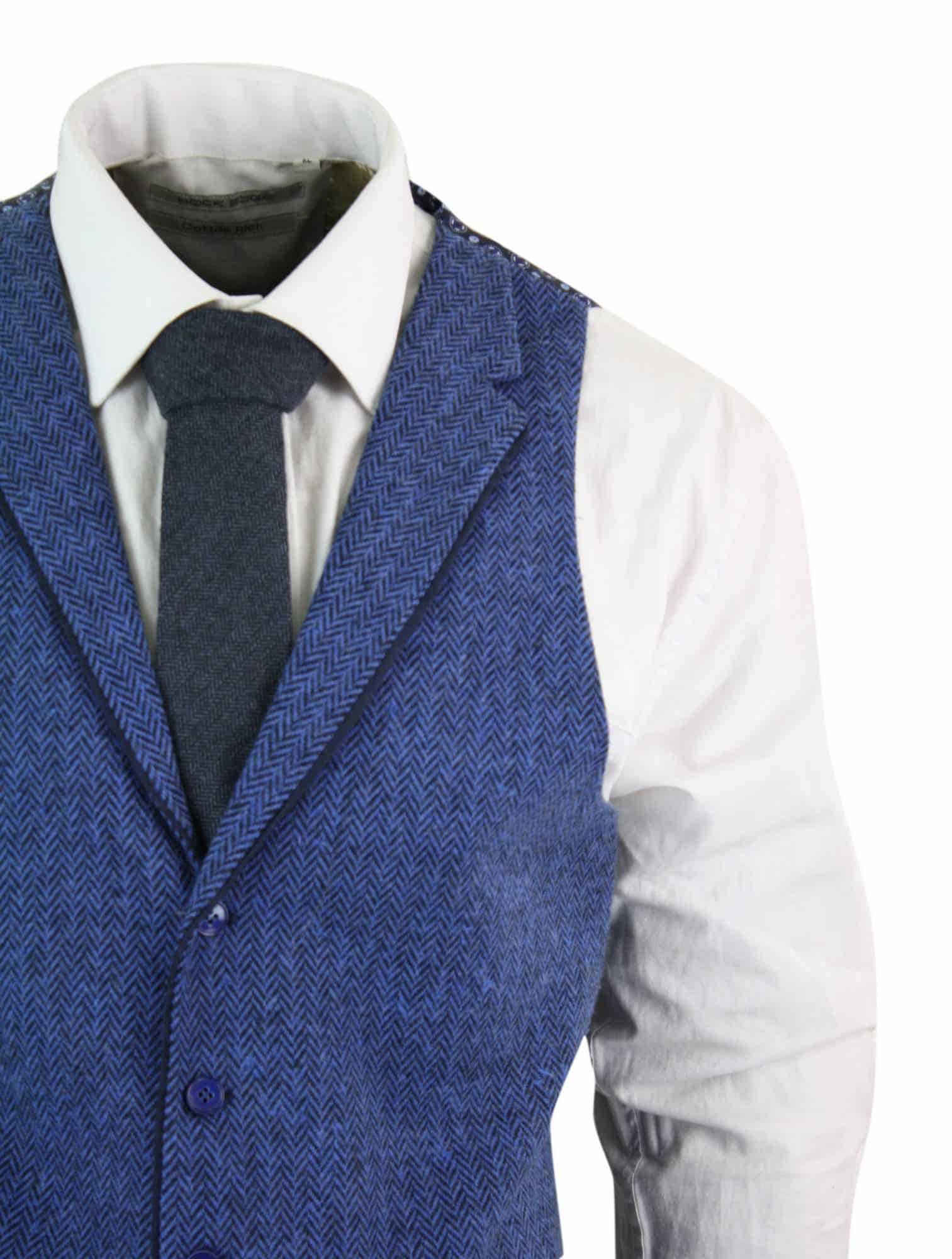 Vyriška mėlyna tvido liemenė su silkės kaulo spalvos vilna, „Peaky Blinders“ užtrauktuku, vintažinė, retro stiliaus