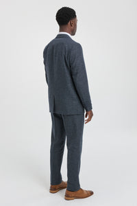 Vyriškas trijų dalių tamsiai mėlynas kostiumas su dviguba liemene