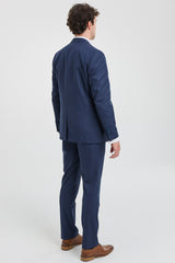 Vyriškas trijų dalių dryžuotas tamsiai mėlynas kostiumas
