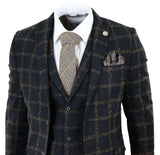 Vyriškas juodas - gelsvai rudas languotas tvido trijų dalių kostiumas