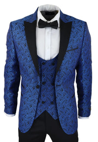 Vyriškas „Paisley Tuxedo“ švarkas ir liemenė, brokato stiliaus vakarinė striukė, atlasinė, juodos ir mėlynos spalvos – be kelnių