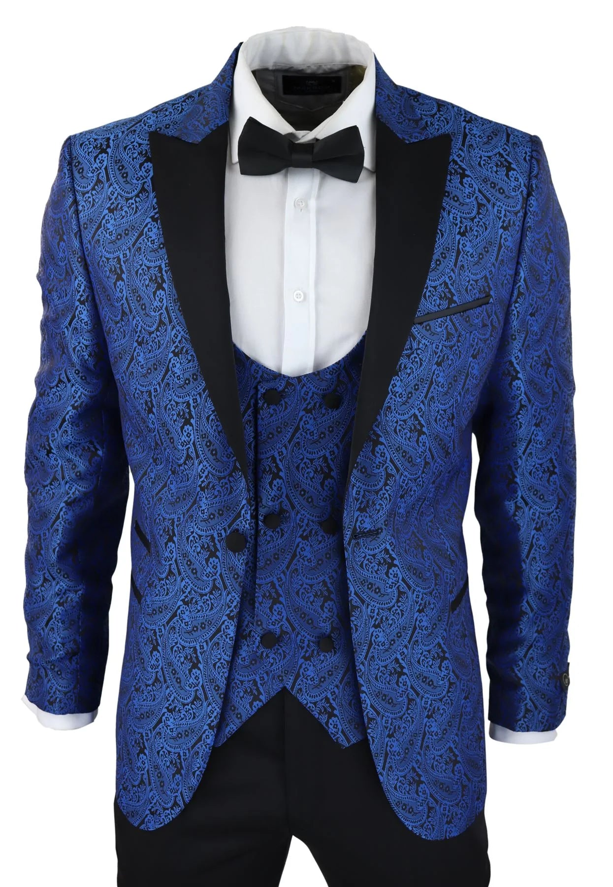 Vyriškas „Paisley Tuxedo“ švarkas ir liemenė, brokato stiliaus vakarinė striukė, atlasinė, juodos ir mėlynos spalvos – be kelnių