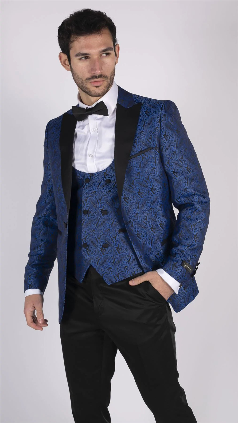 Vyriškas „Paisley Tuxedo“ švarkas ir liemenė, brokato stiliaus vakarinė striukė, atlasinė, juodos ir mėlynos spalvos – be kelnių