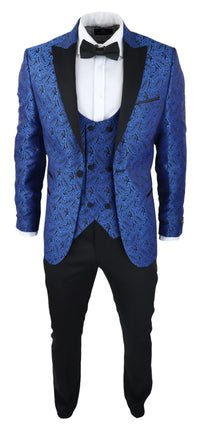 Vyriškas „Paisley Tuxedo“ švarkas ir liemenė, brokato stiliaus vakarinė striukė, atlasinė, juodos ir mėlynos spalvos – be kelnių