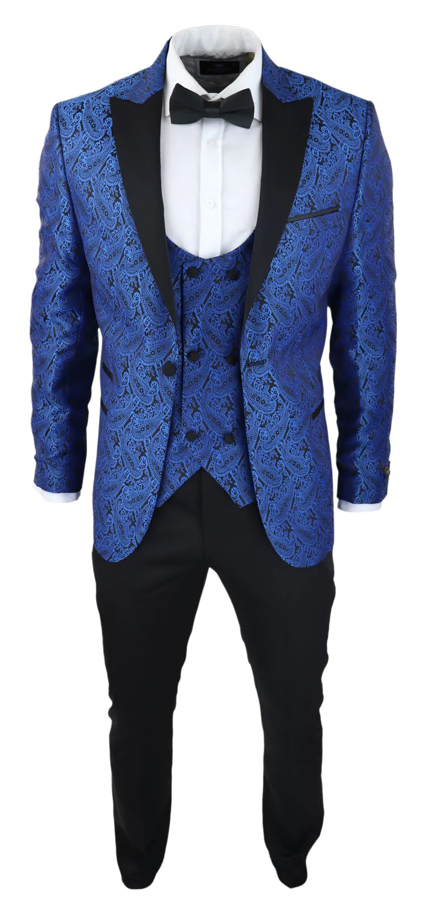 Vyriškas „Paisley Tuxedo“ švarkas ir liemenė, brokato stiliaus vakarinė striukė, atlasinė, juodos ir mėlynos spalvos – be kelnių