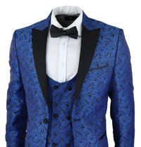 Vyriškas „Paisley Tuxedo“ švarkas ir liemenė, brokato stiliaus vakarinė striukė, atlasinė, juodos ir mėlynos spalvos – be kelnių