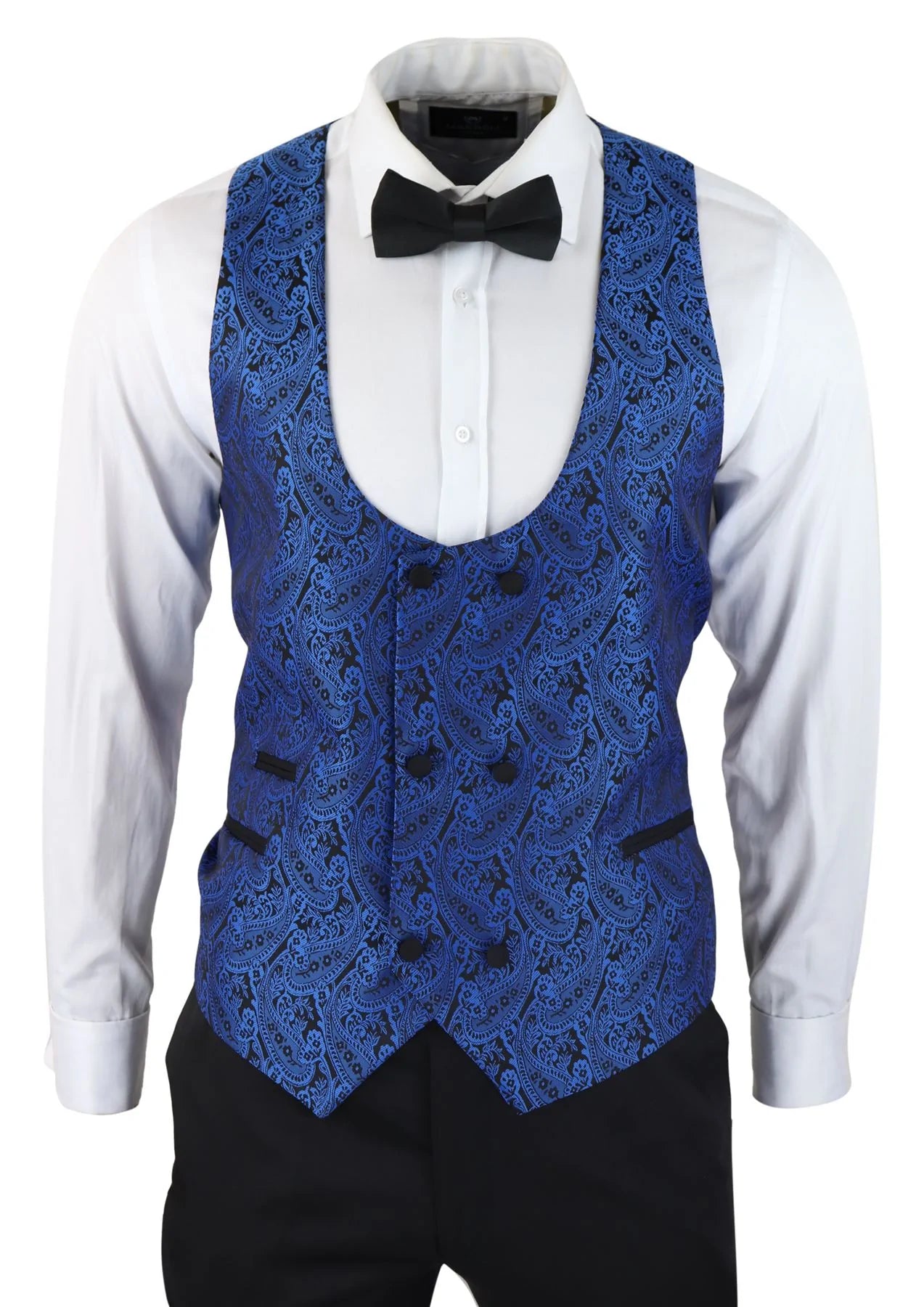 Vyriškas „Paisley Tuxedo“ švarkas ir liemenė, brokato stiliaus vakarinė striukė, atlasinė, juodos ir mėlynos spalvos – be kelnių