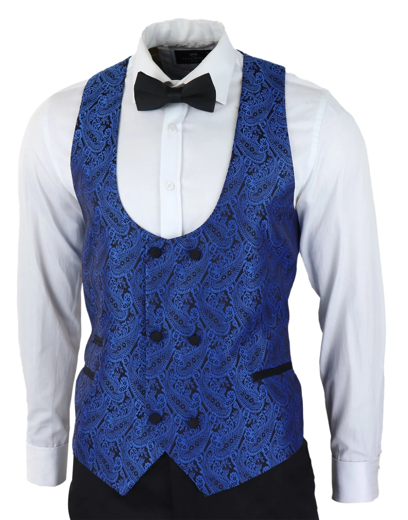 Vyriškas „Paisley Tuxedo“ švarkas ir liemenė, brokato stiliaus vakarinė striukė, atlasinė, juodos ir mėlynos spalvos – be kelnių