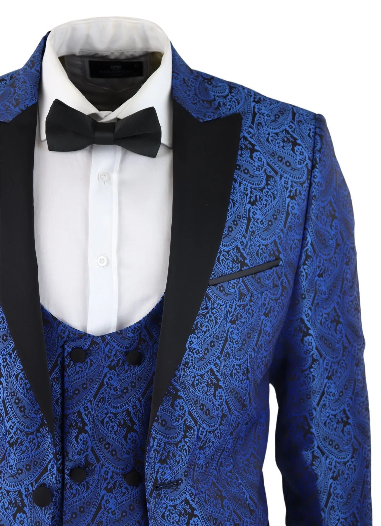 Vyriškas „Paisley Tuxedo“ švarkas ir liemenė, brokato stiliaus vakarinė striukė, atlasinė, juodos ir mėlynos spalvos – be kelnių