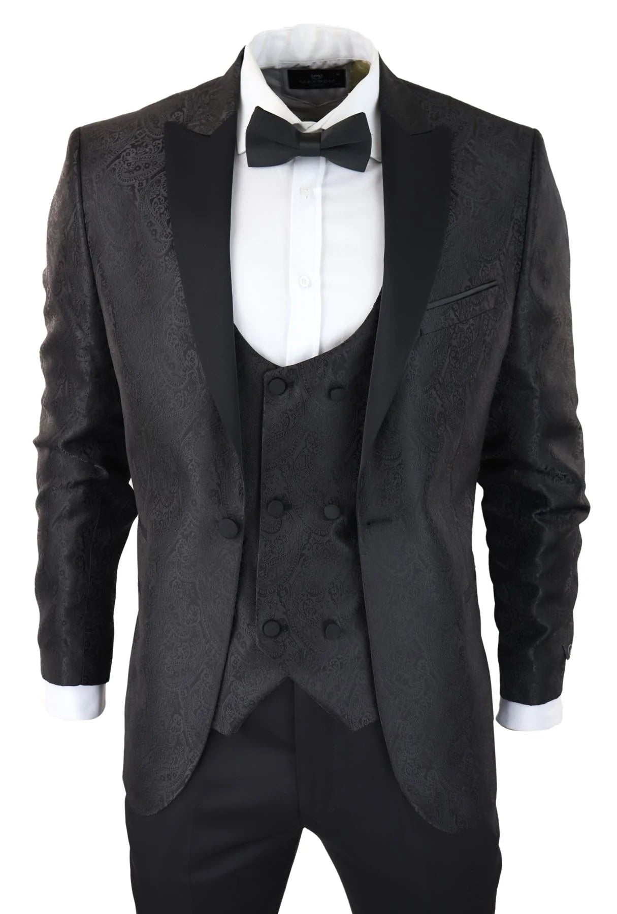 Vyriškas „Paisley Tuxedo“ švarkas ir liemenė, brokato stiliaus vakarinė striukė, atlasinis, juodos spalvos – be kelnių