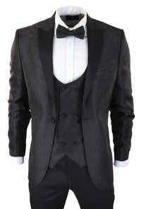 Vyriškas „Paisley Tuxedo“ švarkas ir liemenė, brokato stiliaus vakarinė striukė, atlasinis, juodos spalvos – be kelnių