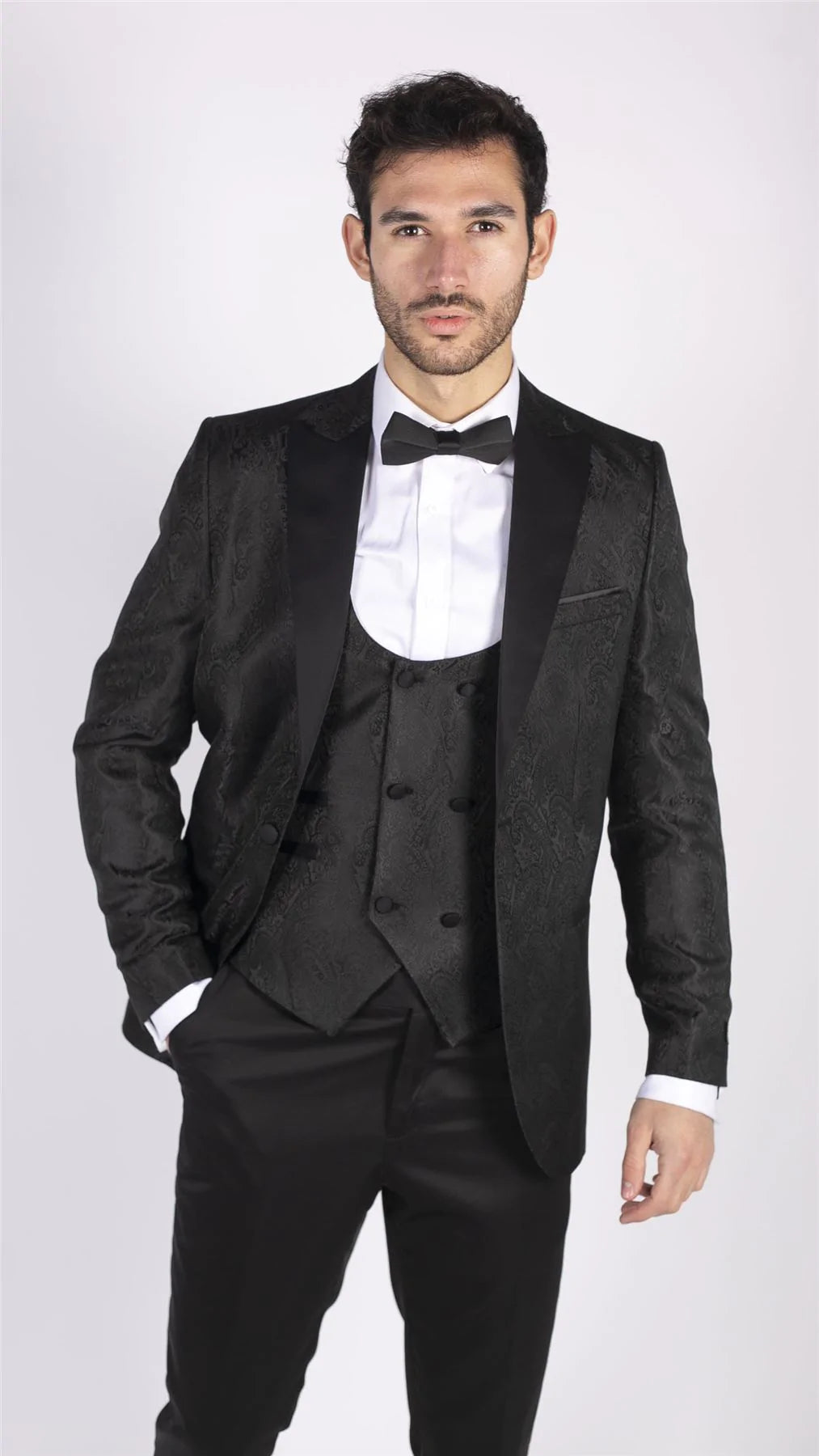 Vyriškas „Paisley Tuxedo“ švarkas ir liemenė, brokato stiliaus vakarinė striukė, atlasinis, juodos spalvos – be kelnių