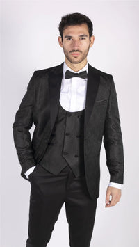 Vyriškas „Paisley Tuxedo“ švarkas ir liemenė, brokato stiliaus vakarinė striukė, atlasinis, juodos spalvos – be kelnių