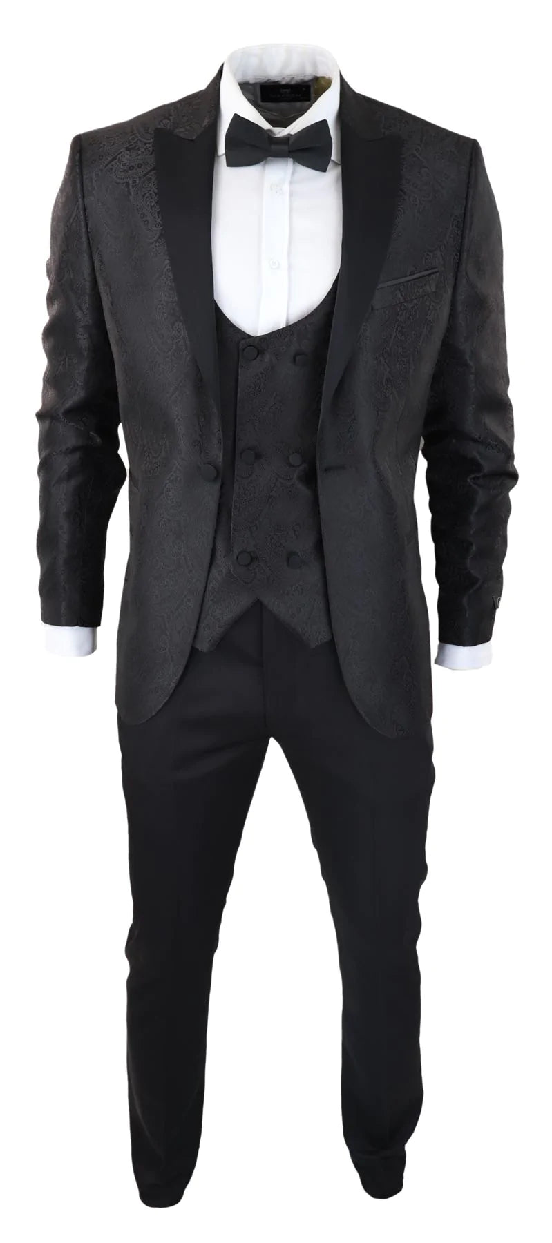 Vyriškas „Paisley Tuxedo“ švarkas ir liemenė, brokato stiliaus vakarinė striukė, atlasinis, juodos spalvos – be kelnių