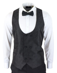 Vyriškas „Paisley Tuxedo“ švarkas ir liemenė, brokato stiliaus vakarinė striukė, atlasinis, juodos spalvos – be kelnių