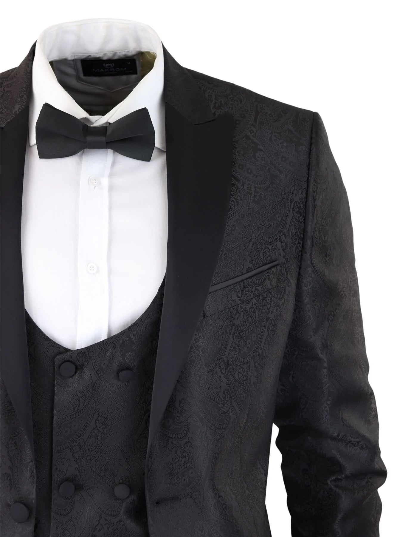 Vyriškas „Paisley Tuxedo“ švarkas ir liemenė, brokato stiliaus vakarinė striukė, atlasinis, juodos spalvos – be kelnių