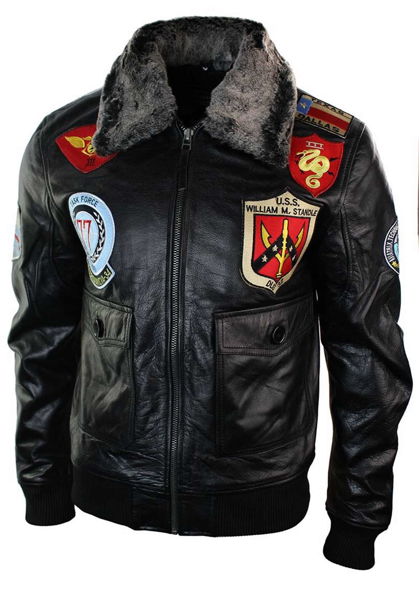 Vyriška tikros odos JAV aviatoriaus oro pajėgų piloto skraidančio bomber tipo striukė su juodu kailio apykakle ir juoda spalva.